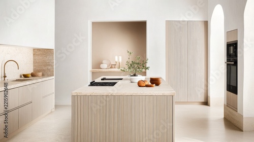 Luxurious Modern Kitchen Featuring Organic luxury kitchen with travertine island beige cabinets