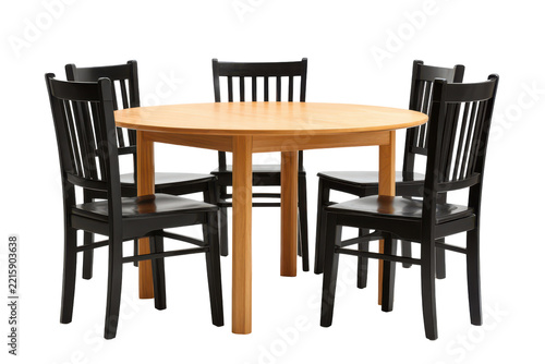 round wooden dining table with four dark green chairs isolated on transparent background. Modern wooden dining table with four matching chairs isolated on white background.