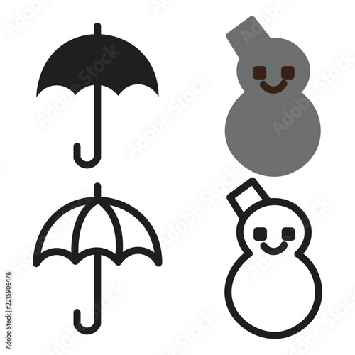 Weather Umbrella Rain Protection Snowman Winter Season Set Vector Icon