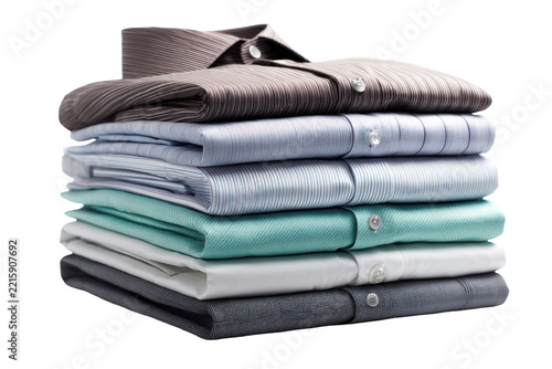Stack of folded clean towels with hang tag isolated on transparent background. Organized stack of folded shirts in various colors isolated on white background.