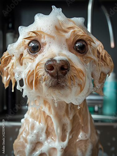 Wet tan dog with soap bubbles around its face