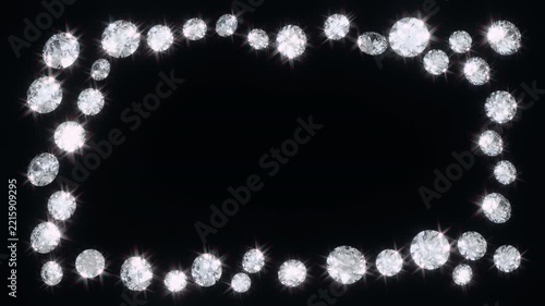 3D sparkling brilliant cut elegant diamonds frame seamless loop animation with photorealistic dispersion and certainly IOR, Abbe value, procedural 3d render on black background.
