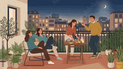 Family enjoying dinner in cozy modern patio at night