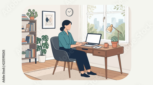Woman working on laptop at home office desk