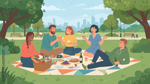 Family picnic in a green park with yoga pose