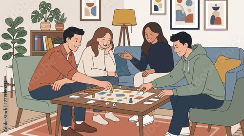 Four people playing board game together at home