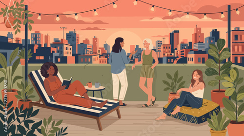 People relaxing in a rooftop garden with city view