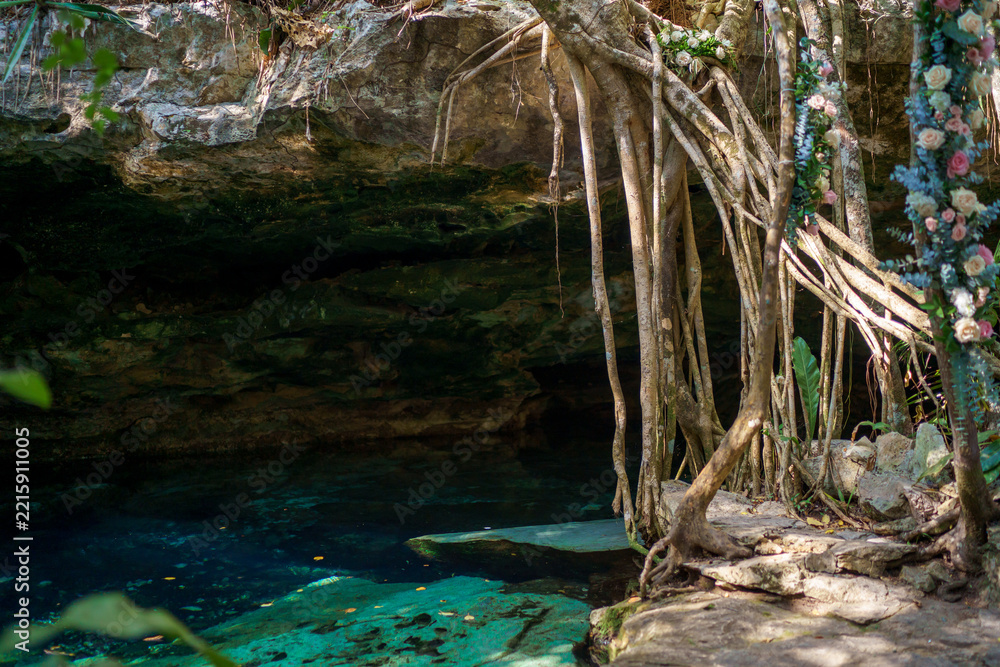 Fototapeta premium Turquoise cenote pool in limestone cave with hanging tree roots