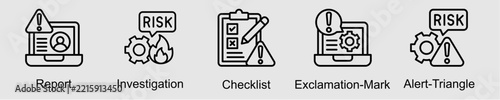 Incident Reporting banner web icon set vector illustration concept with icon of report, investigation, checklist, exclamation mark, and alert triangle.