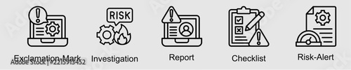 Incident Management banner web icon set vector illustration concept with icon of exclamation mark, investigation, report, checklist, and risk alert.