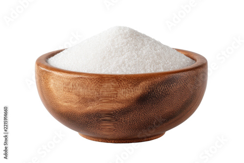 A simple display of granulated sugar in a rustic wooden bowl isolated on transparent background.