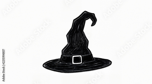 Simple naive hand-drawn black witch hat isolated on white. Cute sketch style Halloween illustration.
