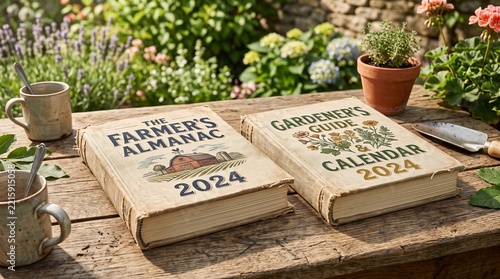 The Farmer's Almanac and Gardener's Guide Calendar 2024 on wooden table