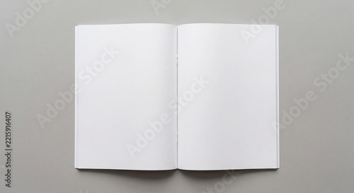 Top-down view of an open blank magazine template lying flat on a light gray background with soft shadows for editorial layout presentations.