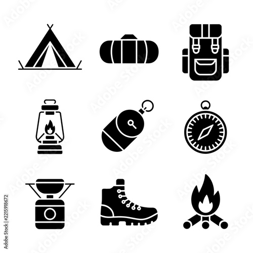 Set of Camping and Hiking Equipment Icons Collection.