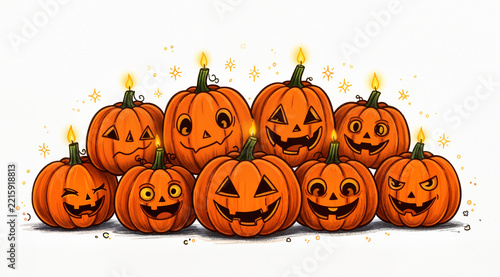 Hand-drawn group of eight lit Halloween pumpkins with funny faces on white. Naive storybook illustration for cards and banners.
