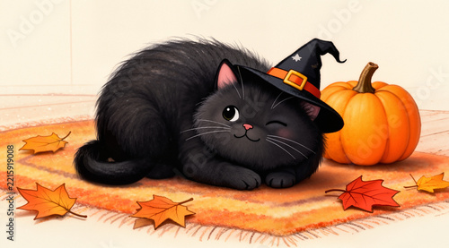 Cozy hand-drawn black cat in a Halloween hat lying on the floor. Cute naive storybook illustration for holiday designs.
