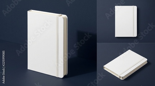 Blank white hardcover notebook mockup with elastic band shown in multiple angles against a dark navy studio background for stationery branding.
