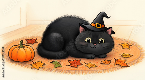 Cozy hand-drawn black cat in a Halloween hat lying on the floor. Cute naive storybook illustration for holiday designs.
