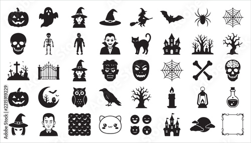 Set of black Halloween icons and spooky character symbols