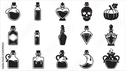 Set of magic potion bottles and halloween icons
