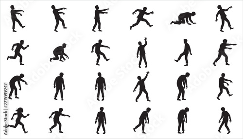 Set of black zombie silhouettes in various walking poses