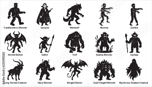 Collection of scary fantasy monster silhouettes and creatures