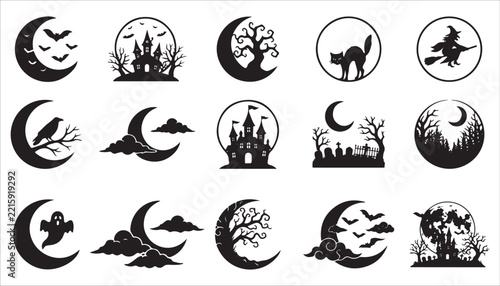 Set of black halloween icons with moons and spooky scenes