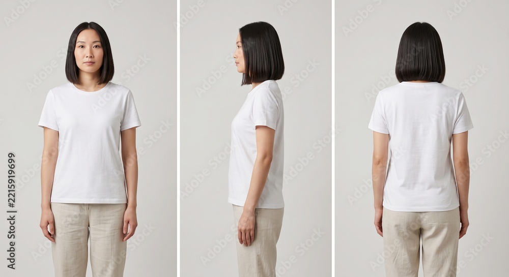 Fototapeta premium Triptych of an East Asian woman wearing a blank white crewneck t-shirt with front, side, and back views against a gray studio background for apparel mockups.