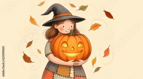 Tender naive illustration of a woman hugging a carved Halloween pumpkin. Warm storybook style art for autumn and holiday designs.

