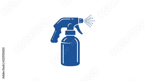 Blue spray bottle icon showing liquid mist being dispensed against a plain white background surface with handheld plastic spray