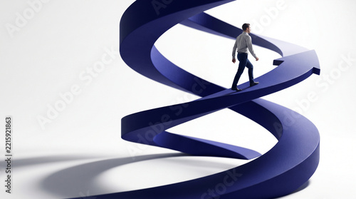 A man walks up a spiraling blue path that resembles a DNA helix, symbolizing progress and achievement, suitable for business and growth concepts