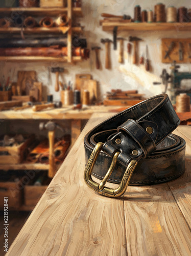 Coiled black leather belt with a brass buckle on a light wooden table in a tool lined workshop