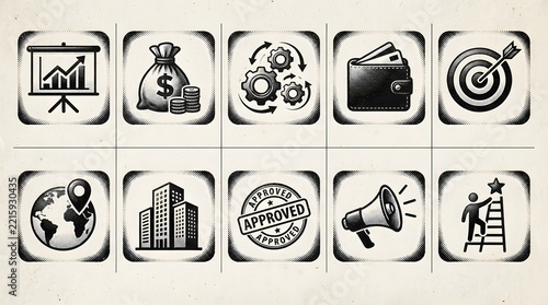 Square button icon set with monochrome halftone effect for intuitive navigation interface.