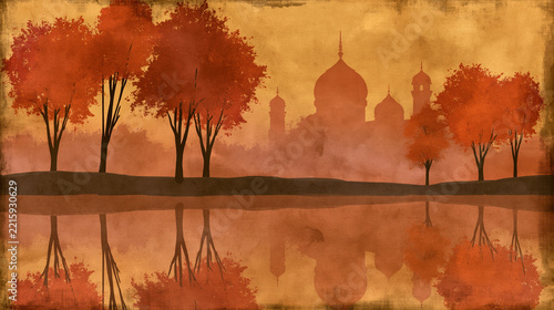 Autumn landscape illustration red trees lake reflection misty oriental city domes minarets sunset vintage watercolor poster background