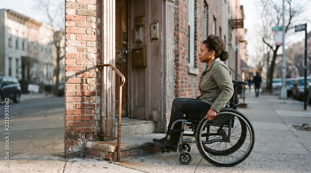 Obraz premium Wheelchair user at a narrow rental building entry