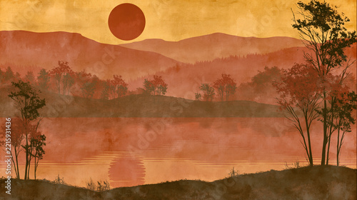 Autumn landscape illustration red sun lake trees misty hills sunset orange vintage retro texture poster background