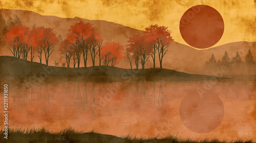 Autumn landscape illustration red sun lake trees misty hills sunset orange vintage retro texture poster background