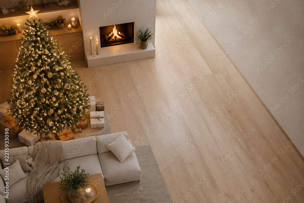 Fototapeta premium A warmly decorated living room with a Christmas tree, fireplace, and light wood flooring.