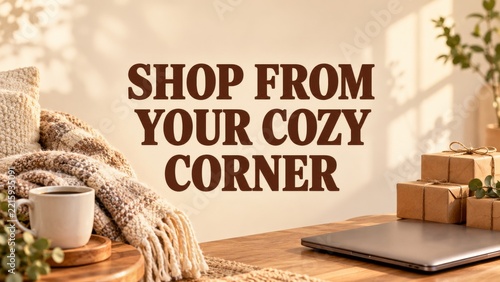 Brown Cozy Shopping Message with Coffee and Knit Blanket in Sunlight