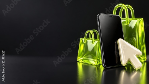 Black Smartphone with Lime Glass Shopping Bags and White Cursor