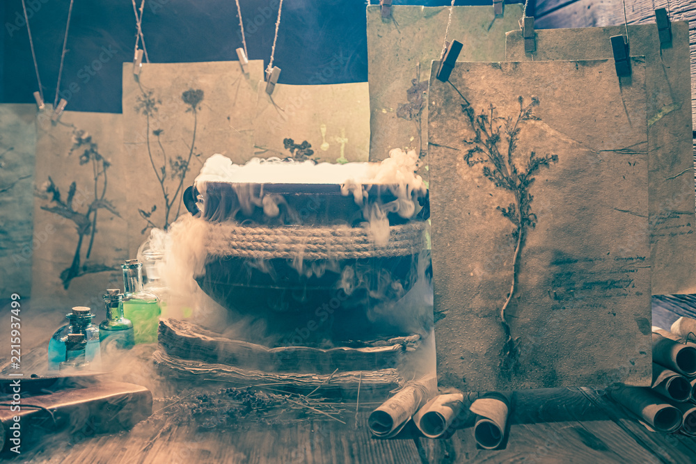Naklejka premium Spooky herbalist's workshop with potions and recipes.