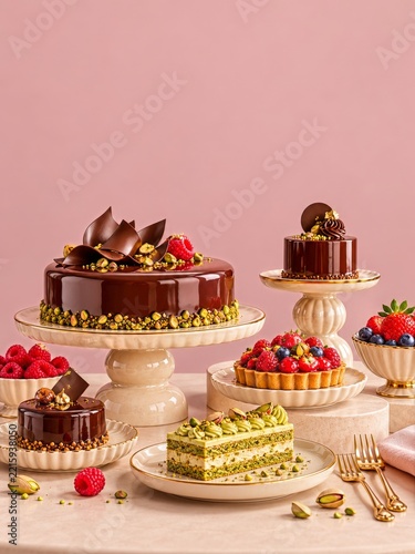 Chocolate Glazed Cakes and Pistachio Pastry against a Soft Pink Wall