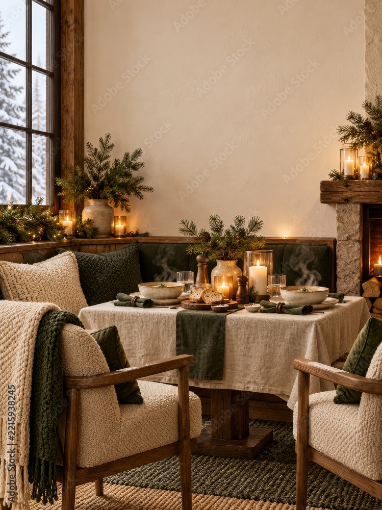 Fototapeta premium Cozy Winter Restaurant Table with Soup and Candles beside a Fireplace