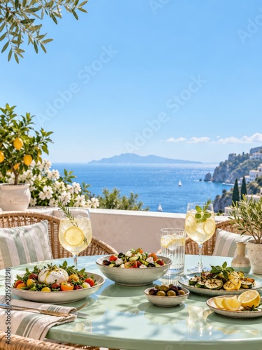 Mediterranean Summer Lunch with Salads and Citrus Drinks above the Sea