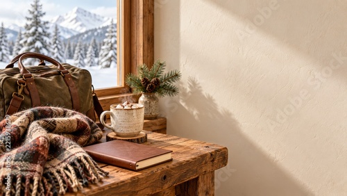 Travel Bag and Hot Cocoa on a Wooden Table Beside an Alpine Window