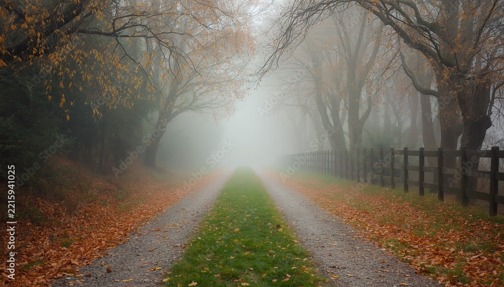 Fototapeta premium Foggy autumn road lined with bare trees