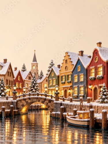 Miniature Wooden Canal Village with Glowing Windows and a Snowy Bridge