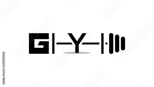 Stylized gym word forming barbell icon with plates