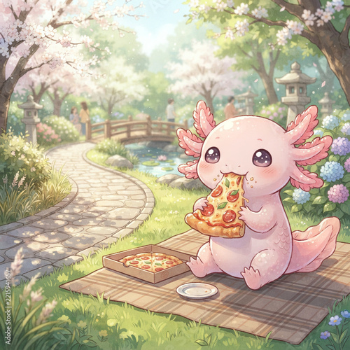 Cute pink axolotl character eating delicious pizza slice on park picnic blanket